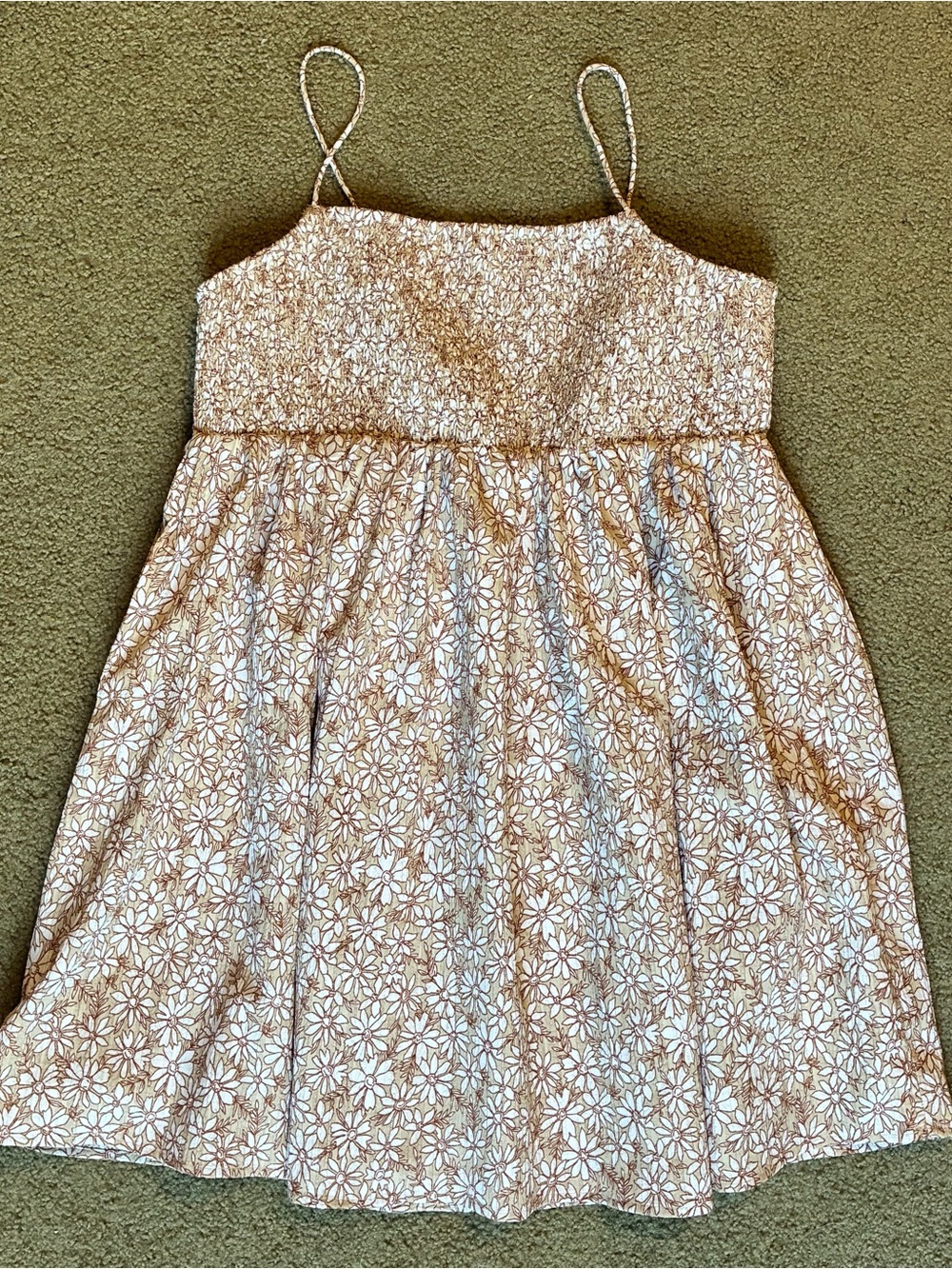 American Eagle Floral Mini Dress White Tan Ditsy Cottagecore Smocked SM Pockets